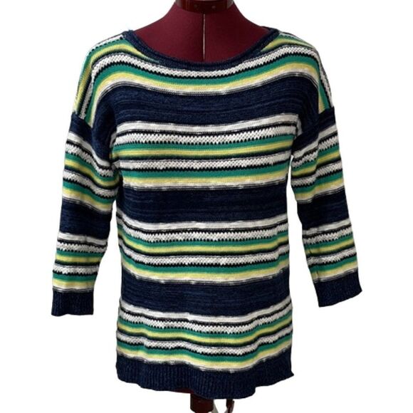 6/$25 AMERICAN LIVING WOMEN'S LINEN BLEND STRIPED BOATNECK SWEATER 3/4 SLEEVE - Picture 2 of 8